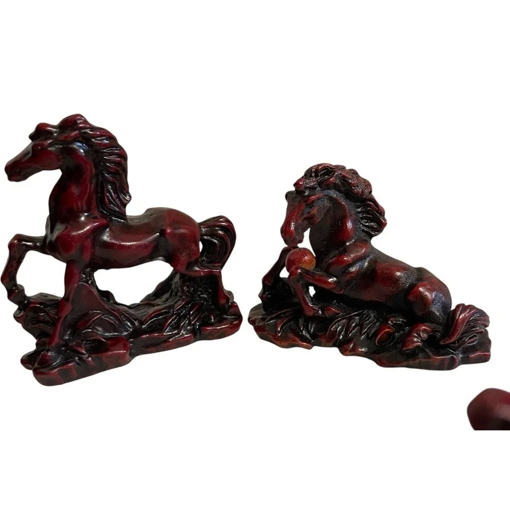 VTG Galloping Horse Figurine Set Home Decor Small Burgundy Red Cinnabar Style